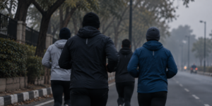 Runners avoiding common winter running mistakes during a morning group run in Hyderabad